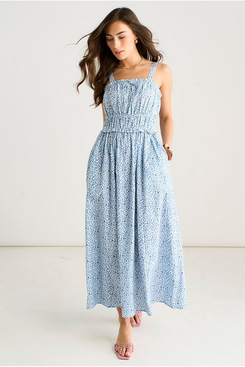 Blue Ditsy Floral Shirred Bodice Midi Dress by Gini London