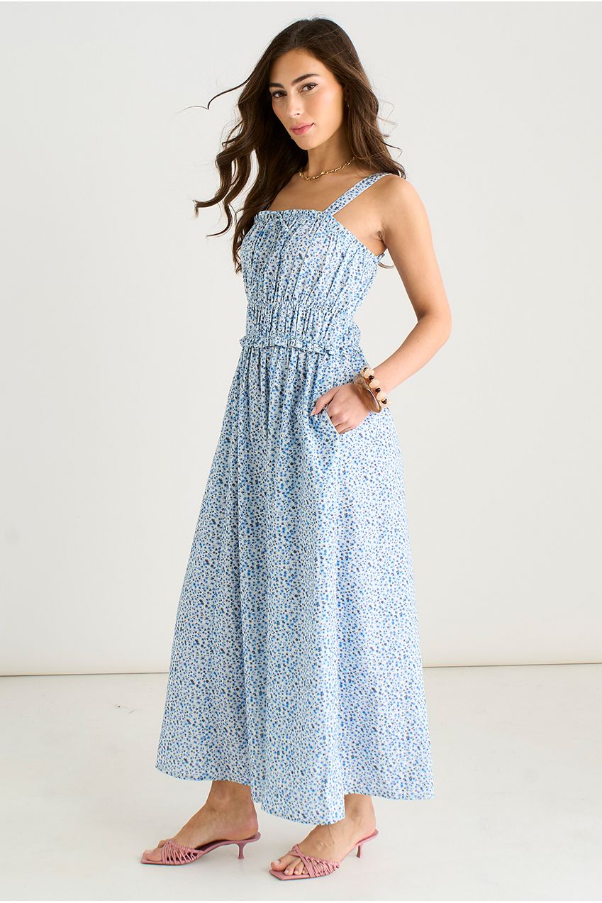 Blue Ditsy Floral Shirred Bodice Midi Dress GL2132