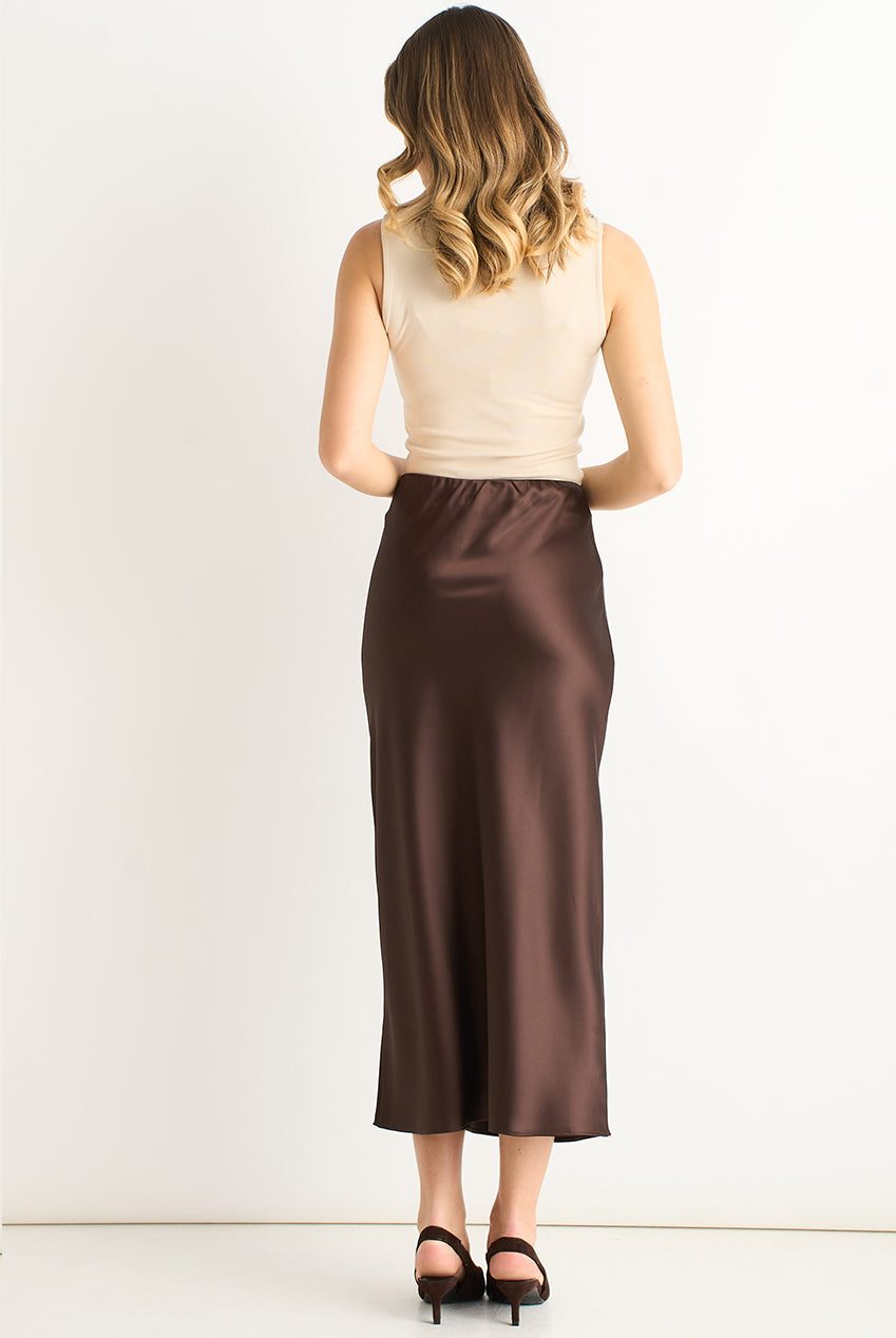 Chocolate Satin Bias Cut Midi Skirt GL691