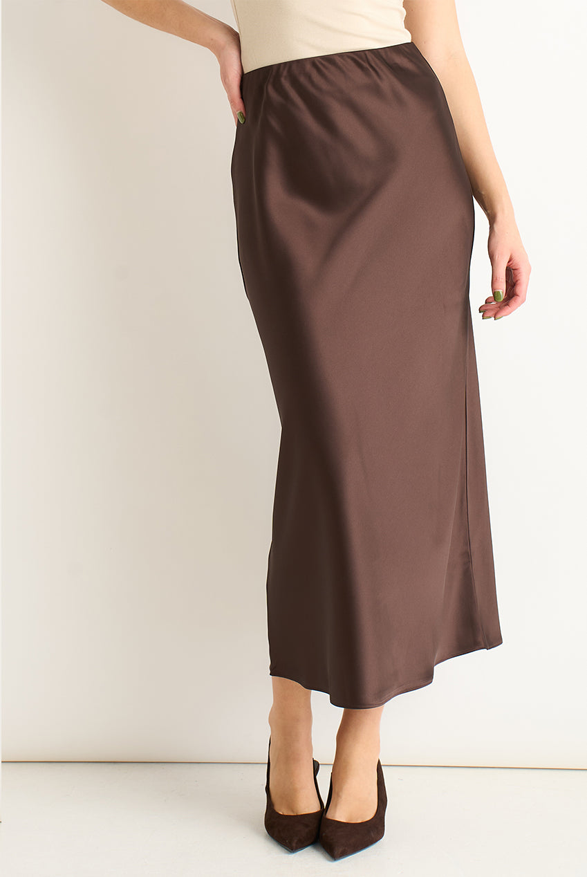 Chocolate Satin Bias Cut Midi Skirt GL691