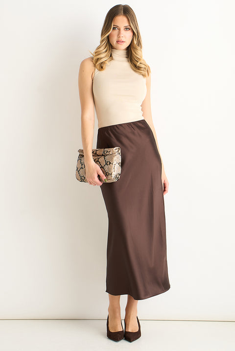 Chocolate Satin Bias Cut Midi Skirt by Gini London