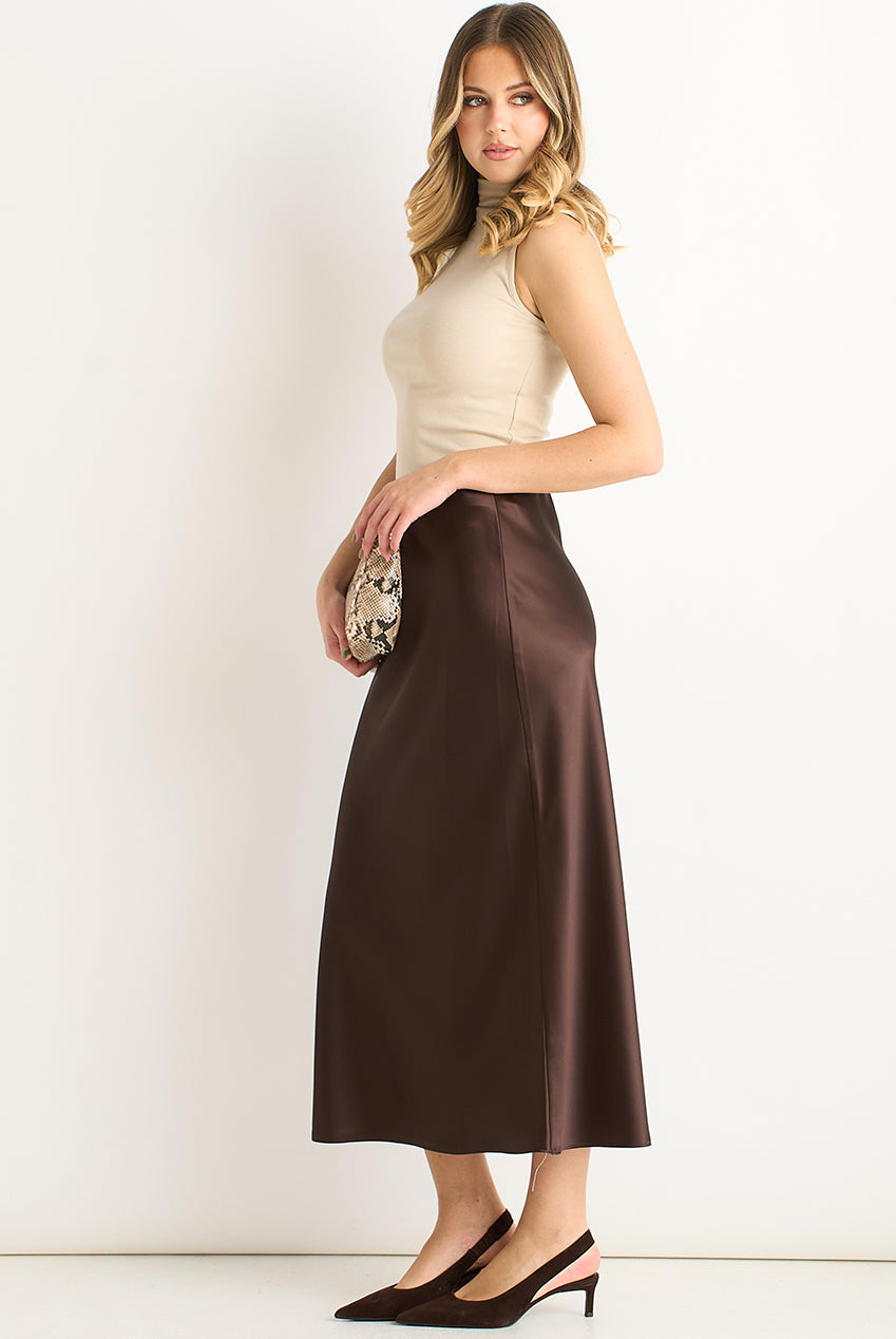Chocolate Satin Bias Cut Midi Skirt GL691