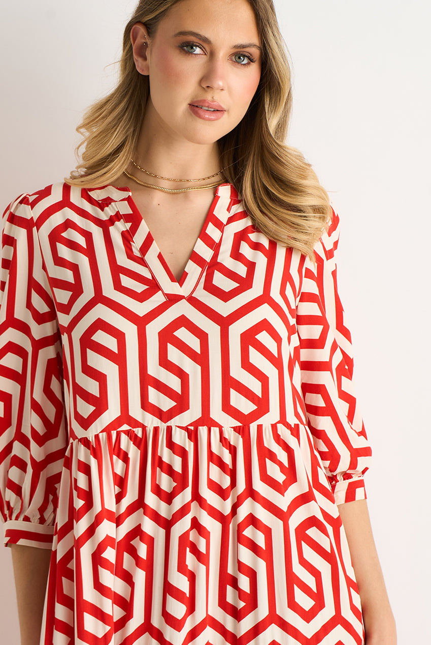Red Geo Print Smock Maxi Dress GL911