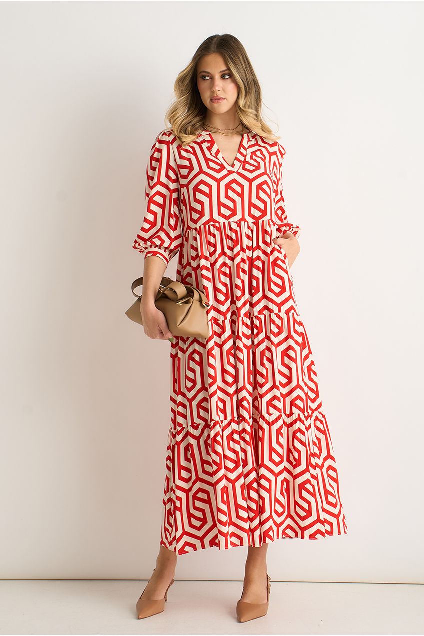 Red Geo Print Smock Maxi Dress GL911