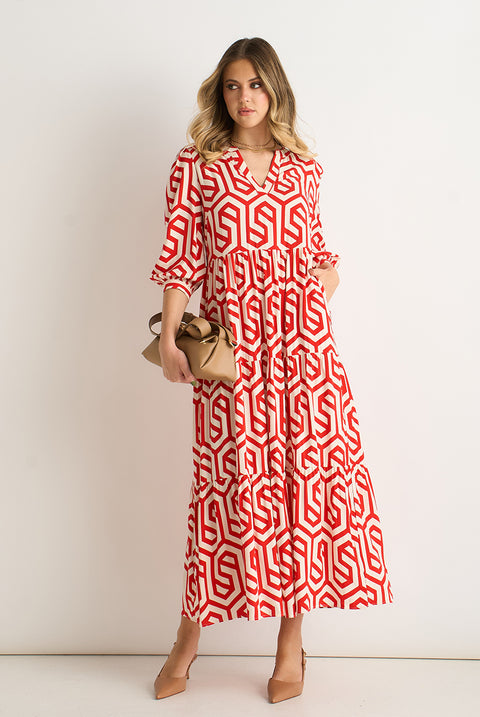 Red Geo Print Smock Maxi Dress by Gini London
