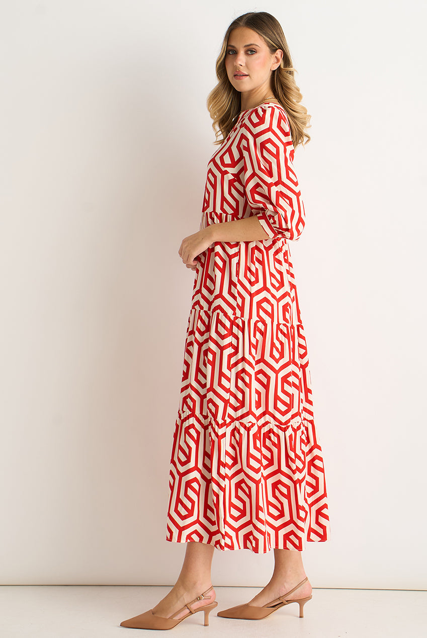 Red Geo Print Smock Maxi Dress GL911