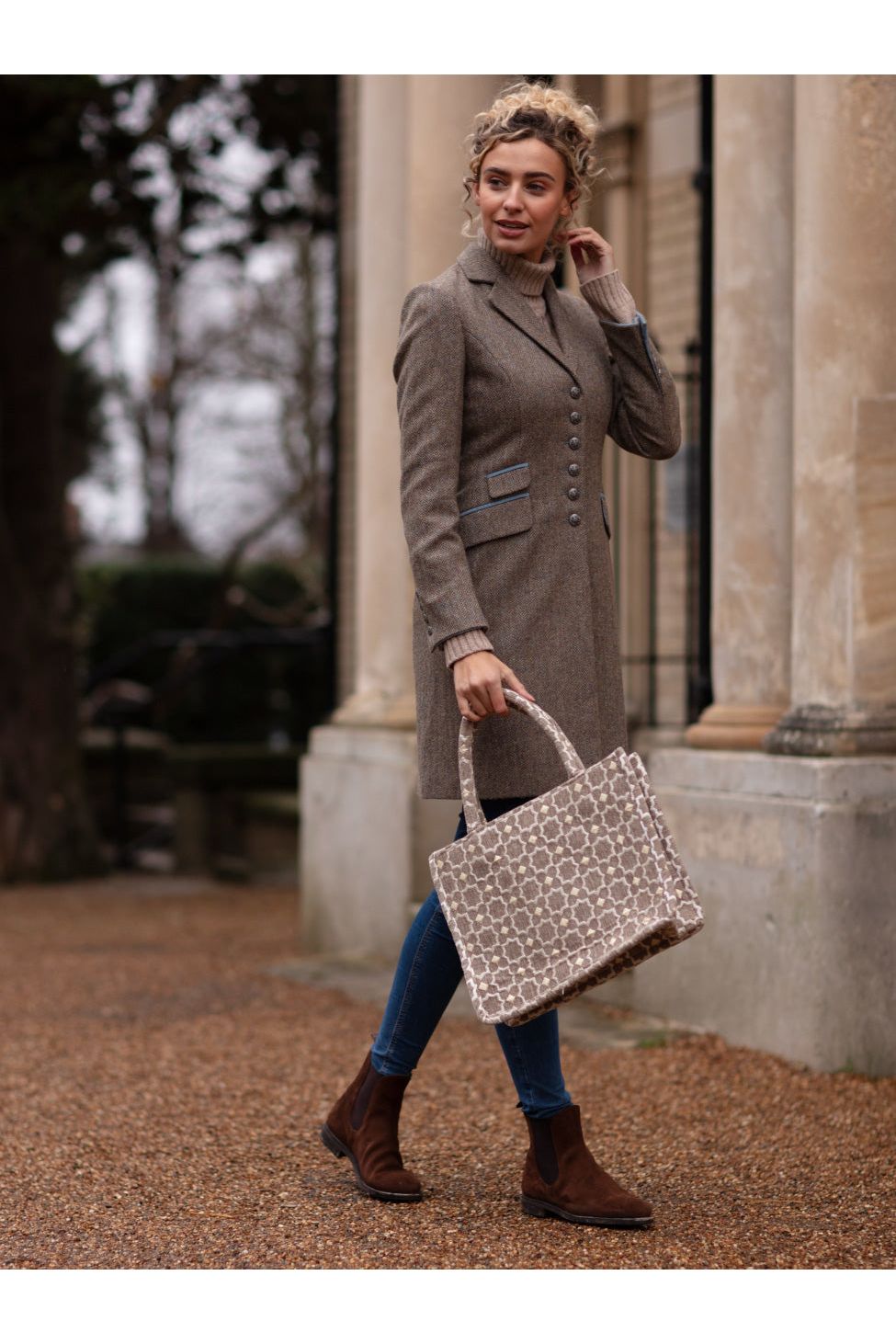 Moroccan Geometric Print Fabric Tote Bag In Grey 8005