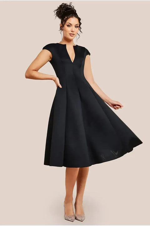 Cap Sleeve Plunging V-Neckline A-line Midi Dress - Black by Goddiva