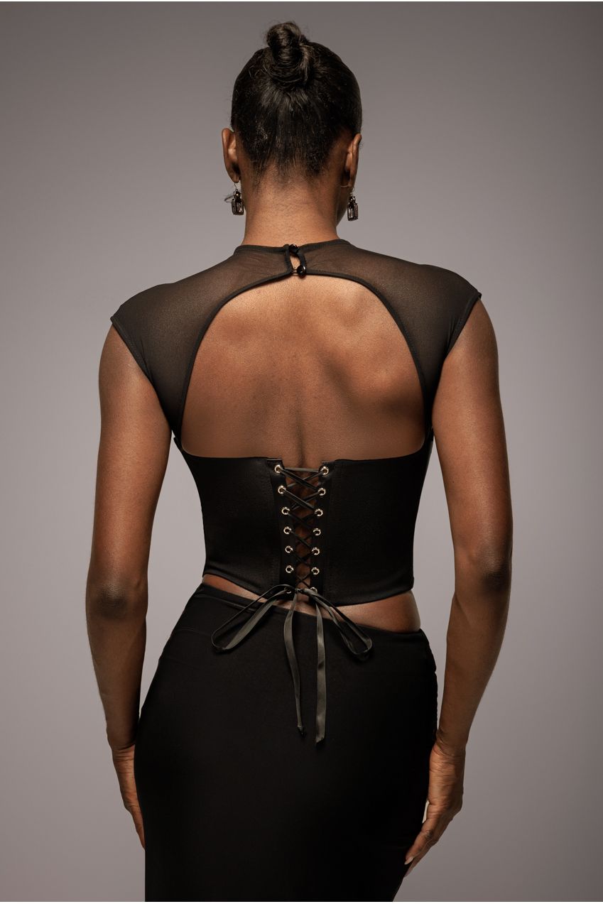 High Neck Open Back Lace Up Scuba Corset Top - Black T226