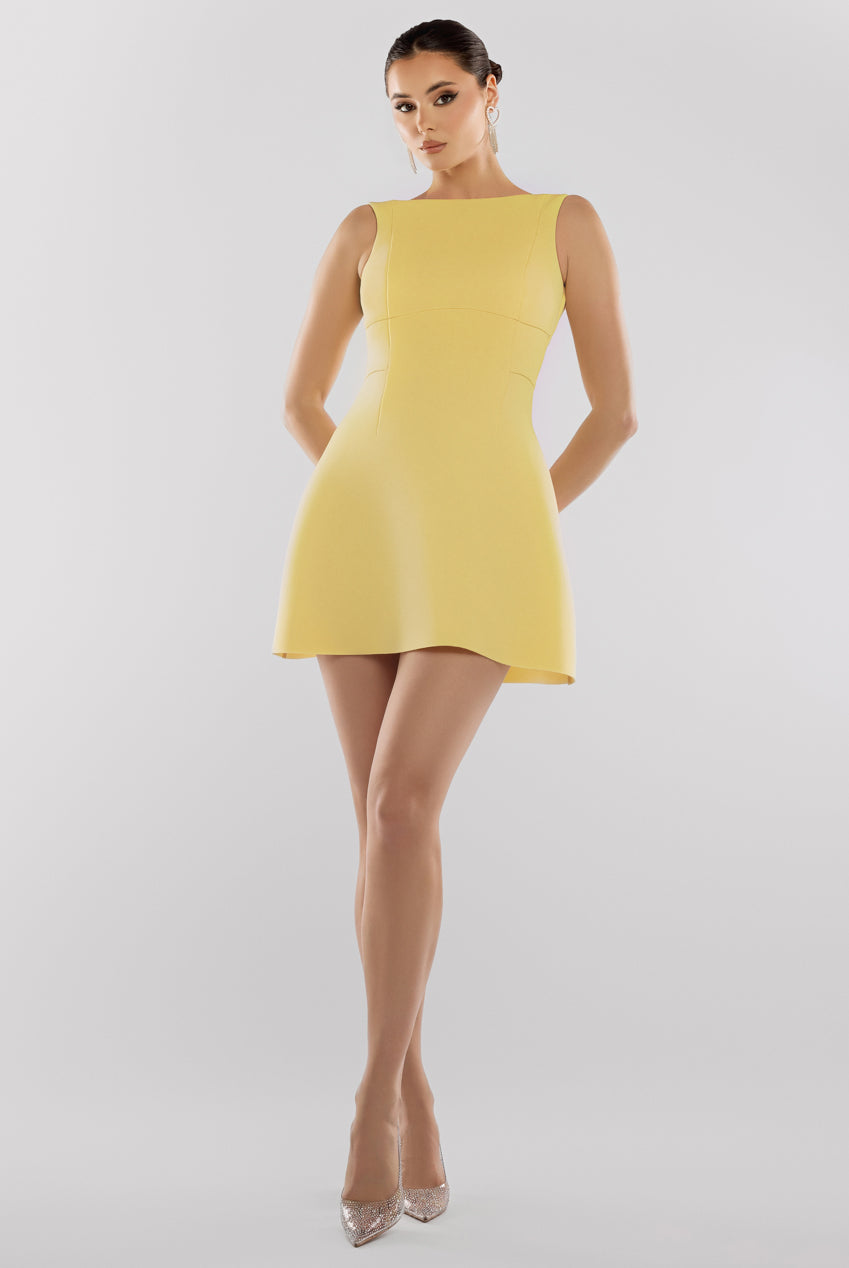 Boatneck Open Back Scuba Mini Dress - Lemon DR4707