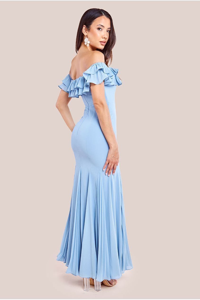 Frilled Off The Shoulder Pleated Chiffon Maxi Dress - Dusky Blue DR4273