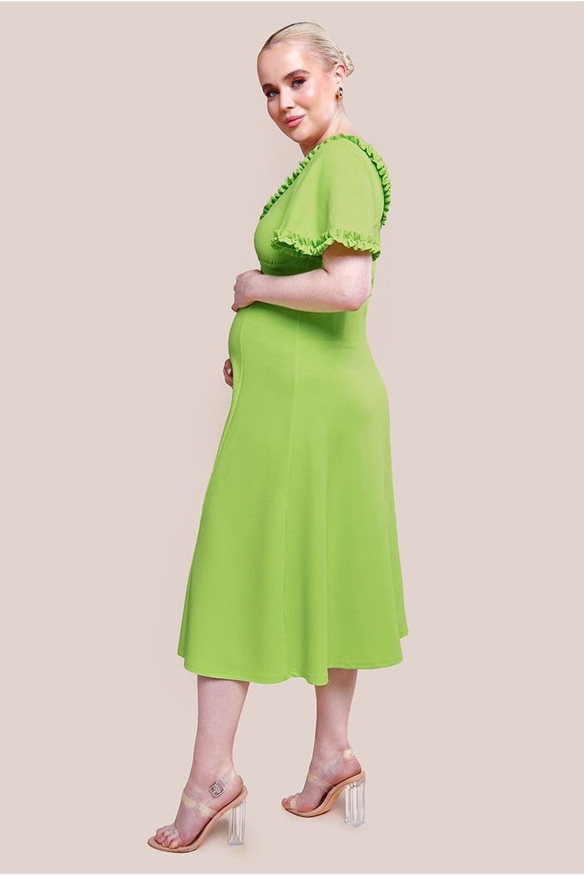 Maternity Flare Sleeve Frill Edge Midi Dress - Lime Green DR4313MAT