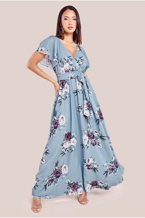 Sustainable Printed Flutter Sleeve Maxi Dress - Airforce Blue by Goddiva