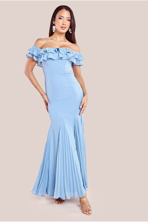 Frilled Off The Shoulder Pleated Chiffon Maxi Dress - Dusky Blue by Goddiva