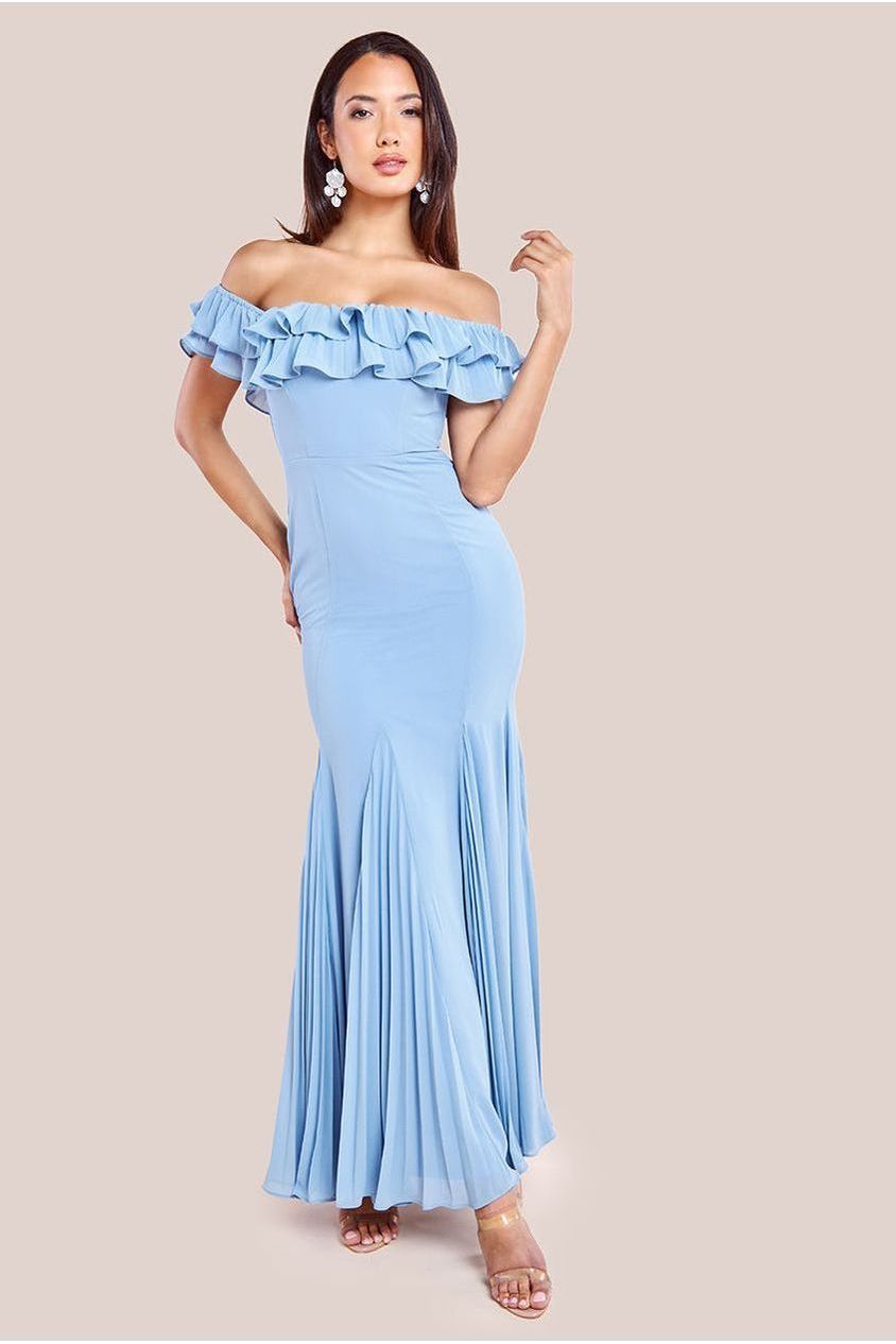 Frilled Off The Shoulder Pleated Chiffon Maxi Dress - Dusky Blue DR4273