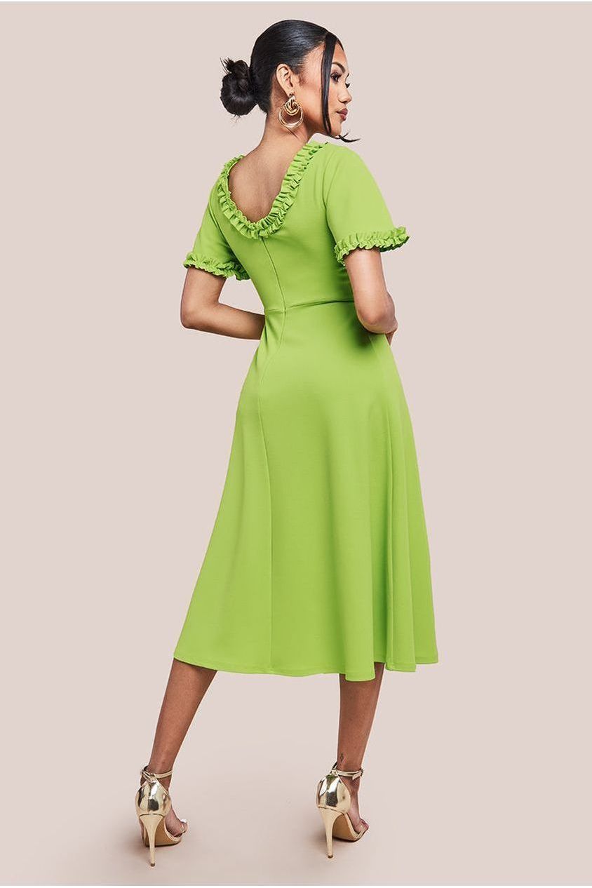 Flare Sleeve Frill Edge Midi Dress - Lime Green DR4313