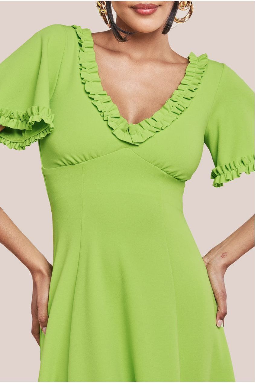Flare Sleeve Frill Edge Midi Dress - Lime Green DR4313