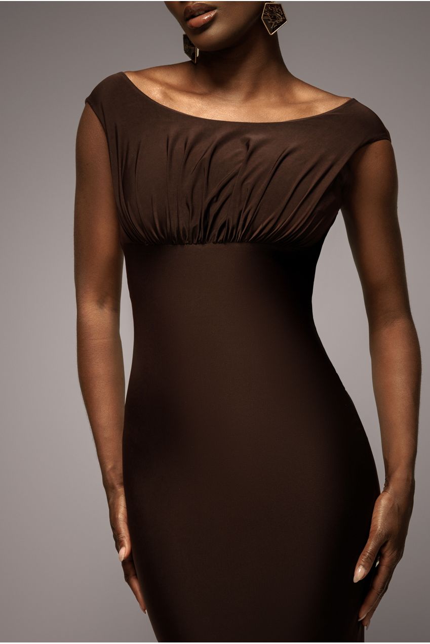Open Back Cowl Neck Gathered Maxi Dress With Velvet Tie Back - Brown DR4856
