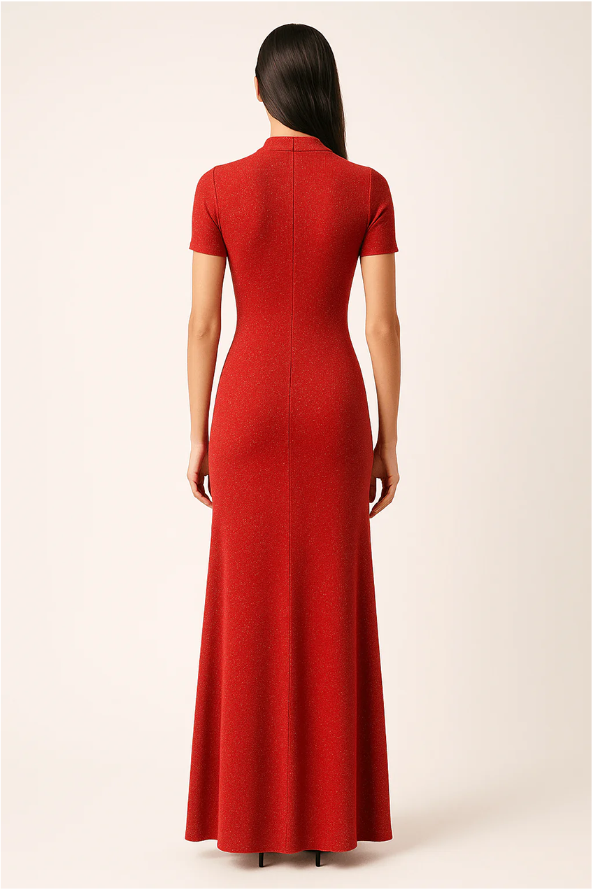 Keyhole Detailed Sparkly Slim Fit High Neckline Maxi Dress AV-IMD2606RD