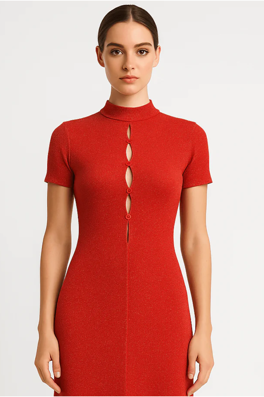 Keyhole Detailed Sparkly Slim Fit High Neckline Maxi Dress AV-IMD2606RD