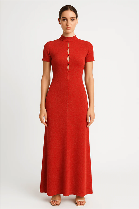 Keyhole Detailed Sparkly Slim Fit High Neckline Maxi Dress by Avinci