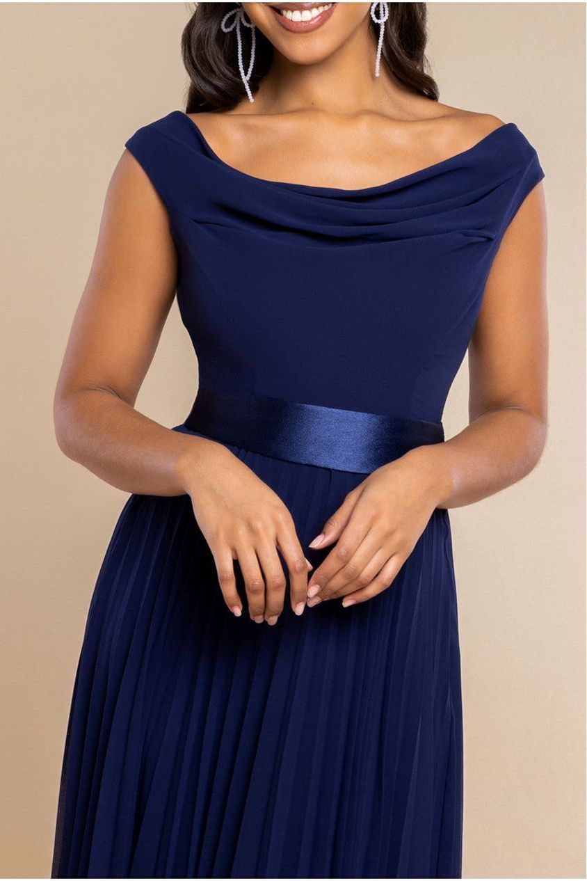 Cowl Neck Pleated A-Line Chiffon Midi Dress - Navy Blue DR4501