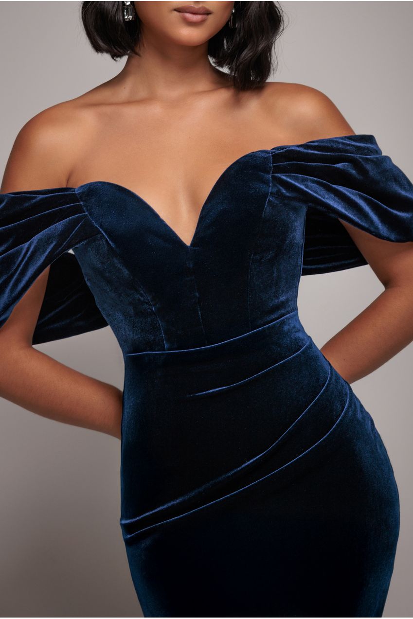 Off The Shoulder Deep Plunge Velvet Maxi Dress - Navy Blue DR4692