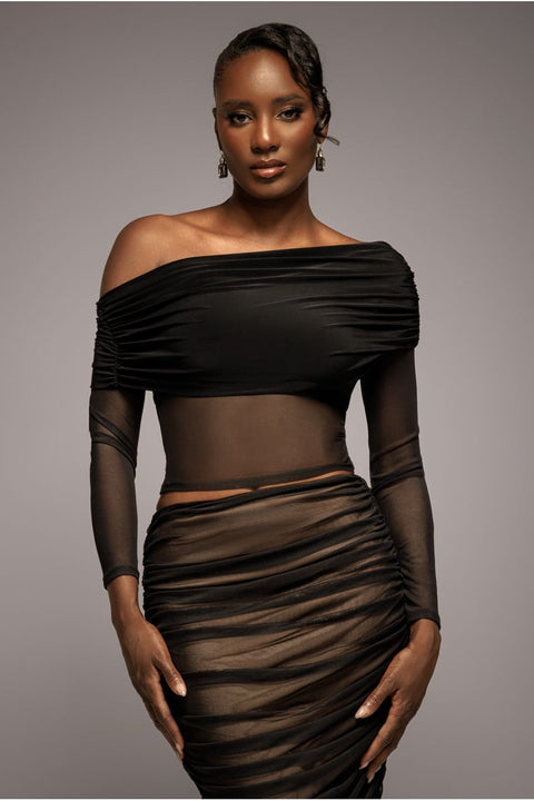 Gathered Bardot Asymmetric Mesh Panel Top - Black by Goddiva