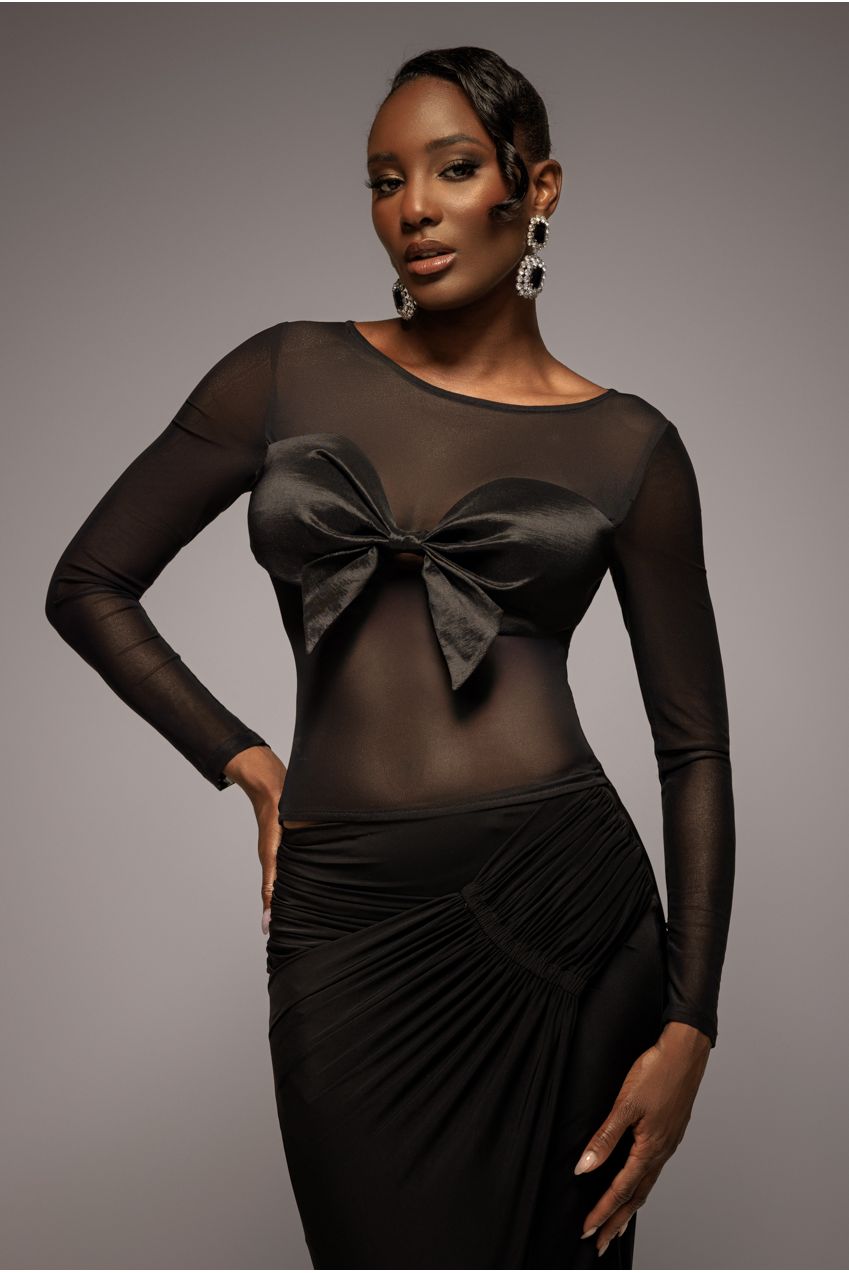 Long Sleeve Mesh Sleeveless Taffeta Bow Top - Black T266