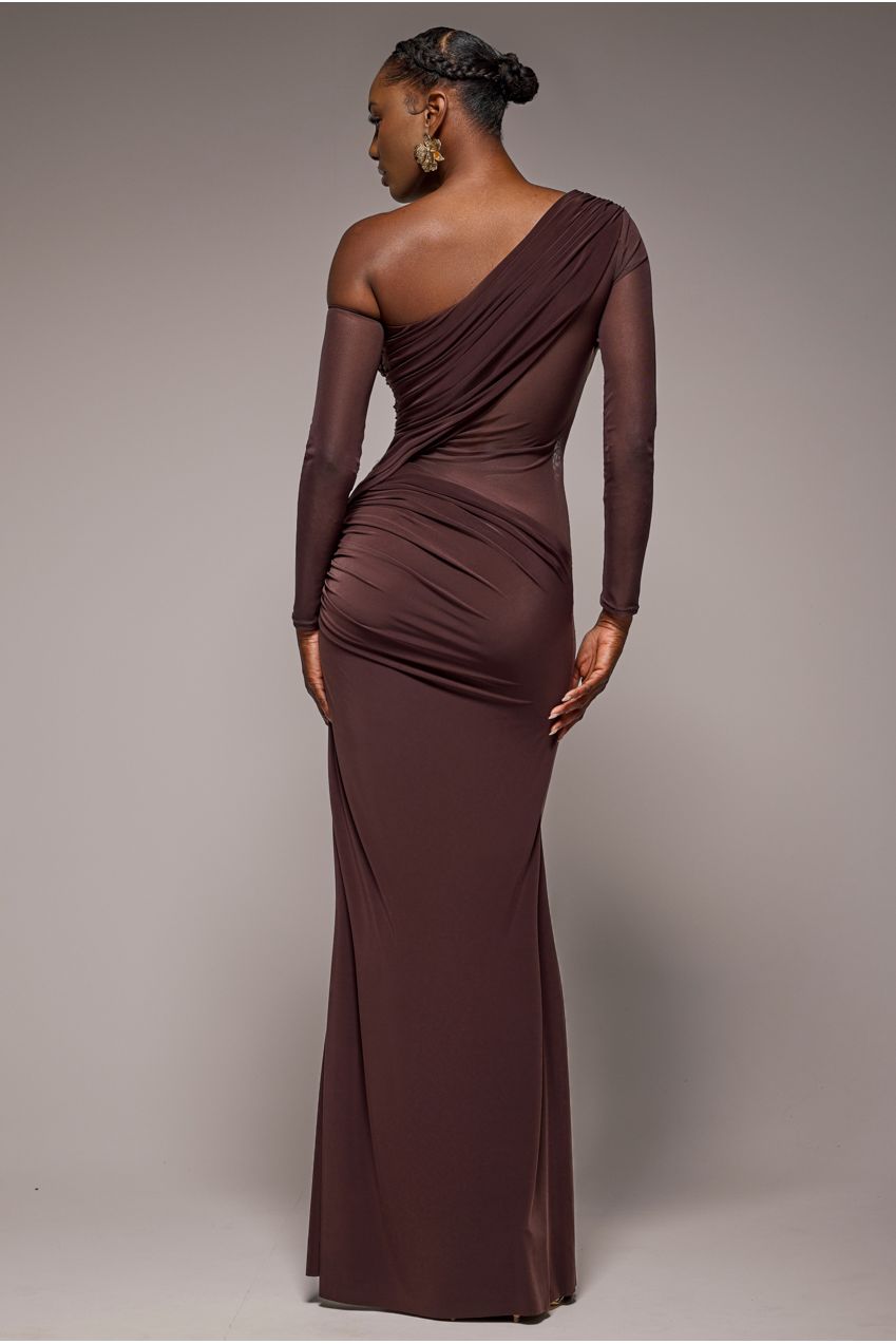 Gathered Cowl Asymmetric Mesh And Soft Touch Maxi Dress - Brown DR4800