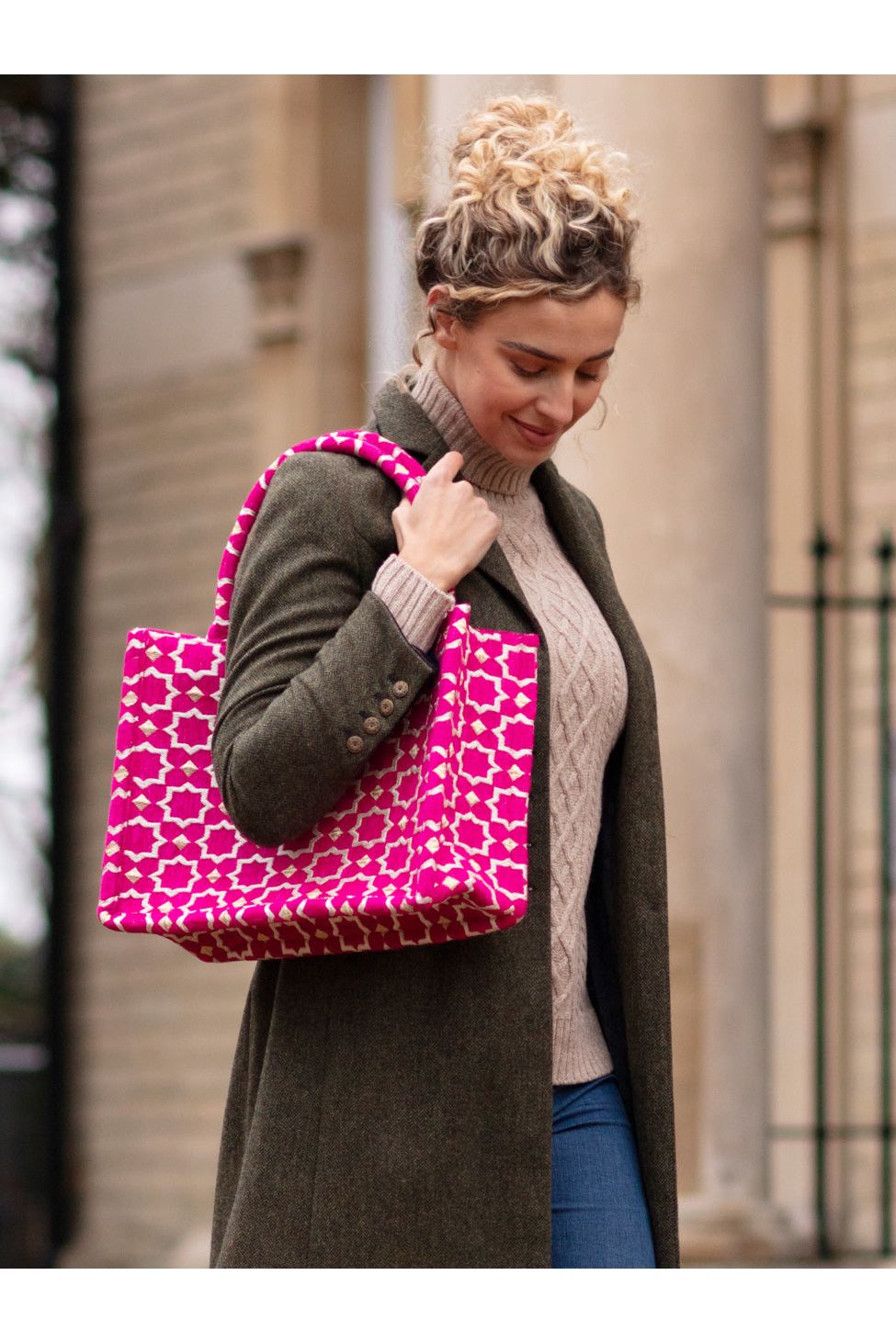 Moroccan Geometric Print Fabric Tote Bag In Pink 8003
