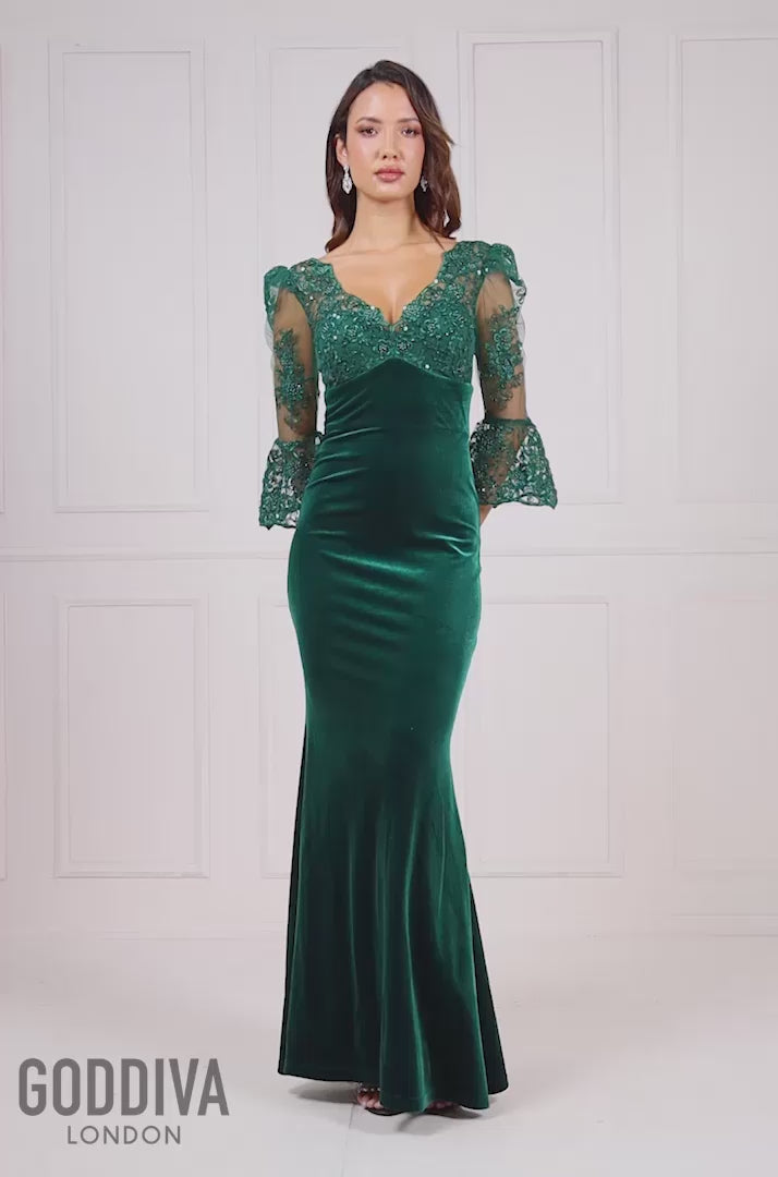 Scalloped Lace & Velvet Maxi Dress - Emerald DR3972