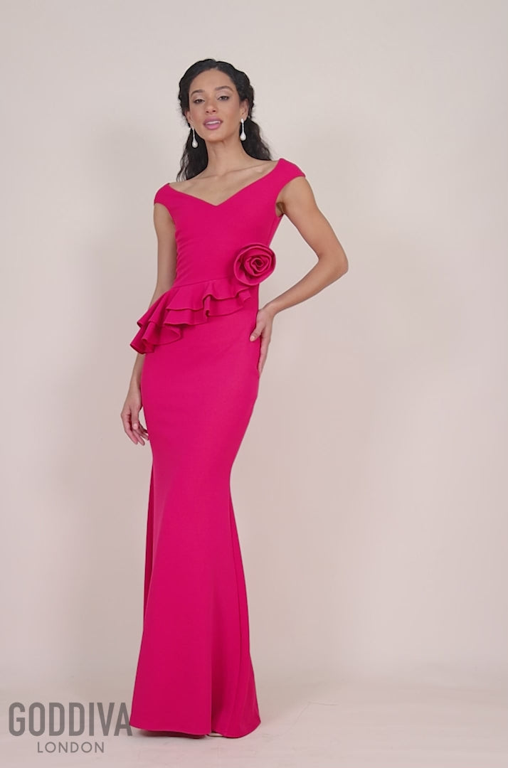 Scuba Crepe Rose Frill Maxi Dress - Magenta DR4281