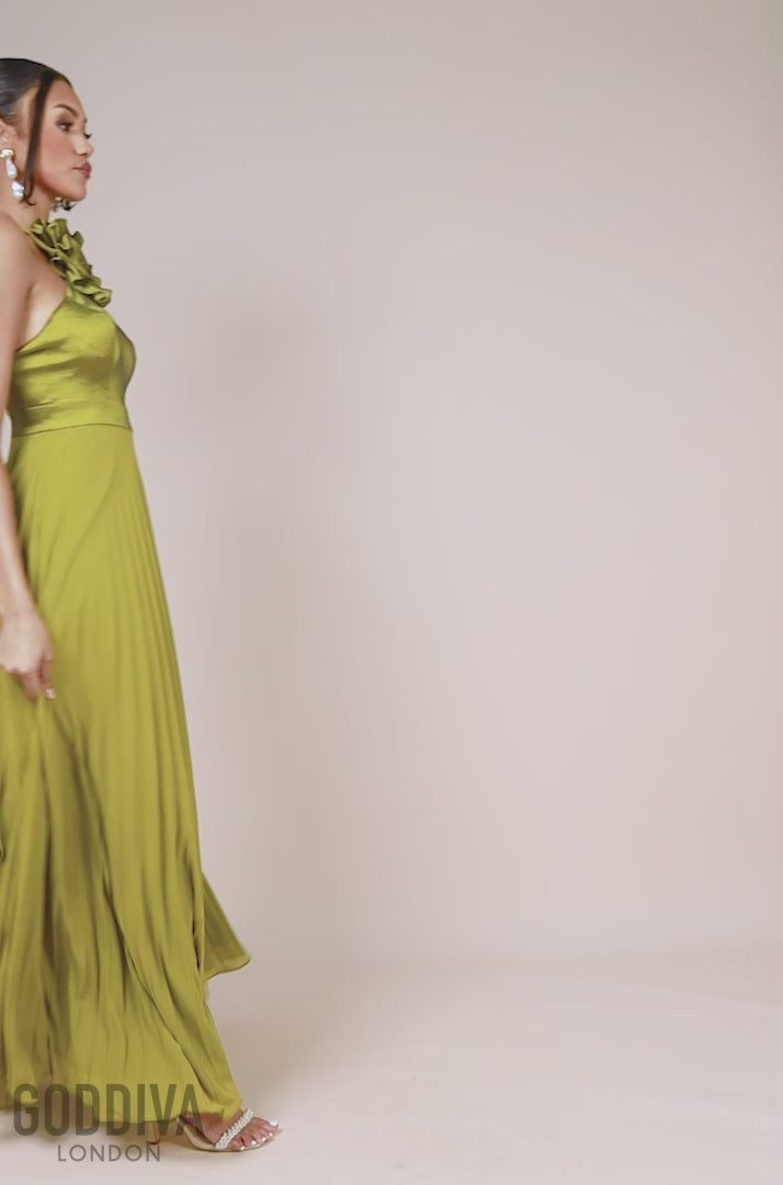Pleated Chiffon Corsage Halter Strappy Maxi Dress - Olive DR4242
