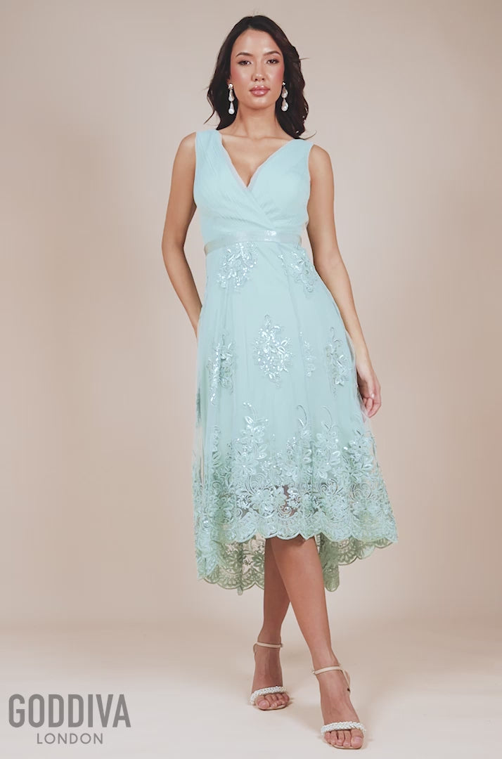 Pleated Satin Bodice High And Low Dress - Sagegreen DR3337QZ