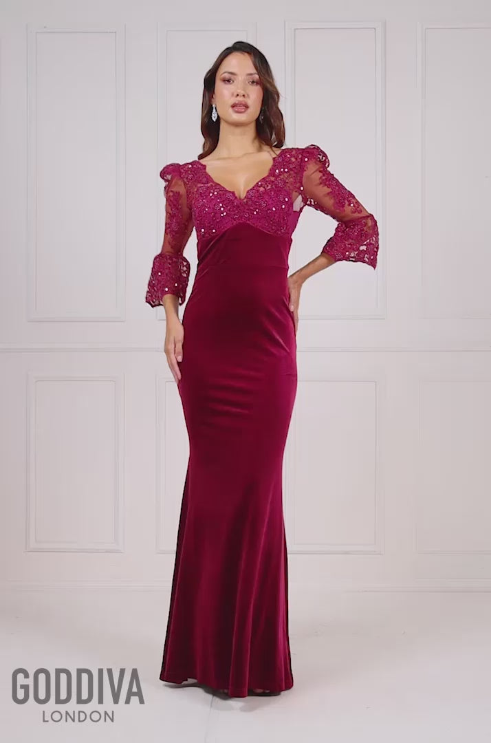 Scalloped Lace & Velvet Maxi Dress - Burgundy DR3972