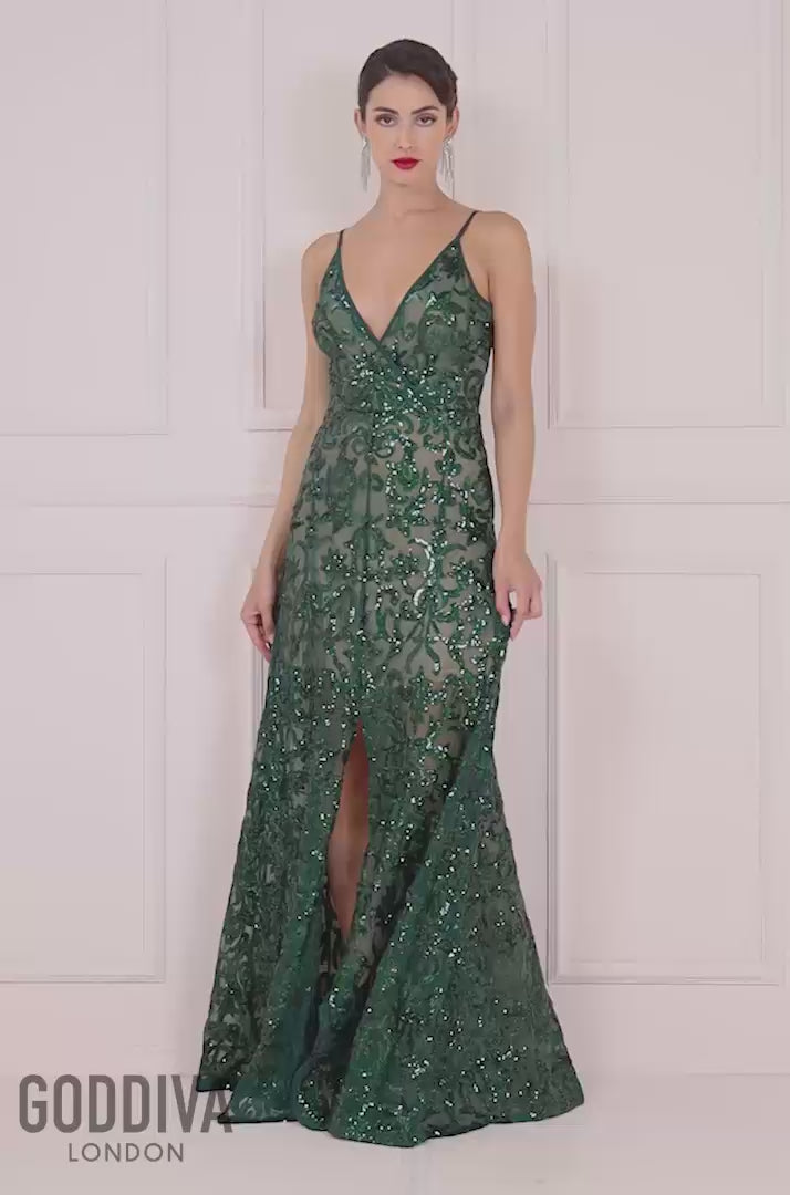Iridescent Sequin Maxi With Front Split - Emerald DR3986