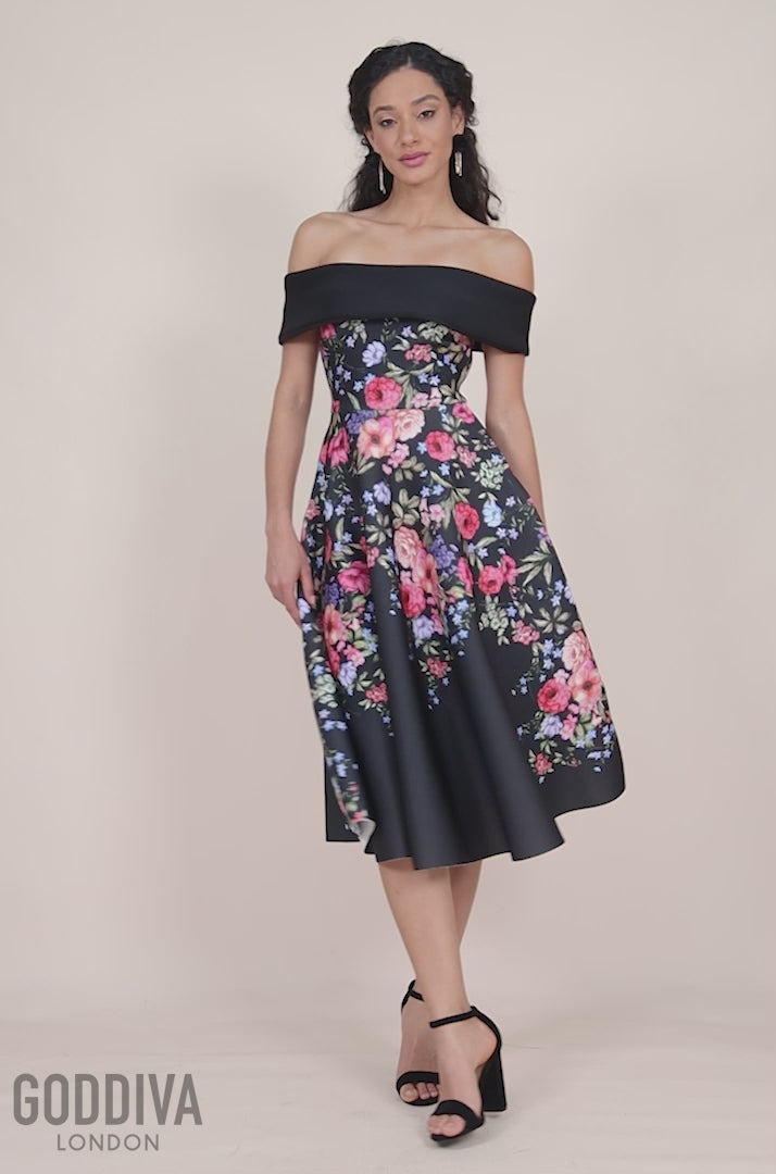Scuba Foam Floral Bardot Midi Dress - Black DR4302