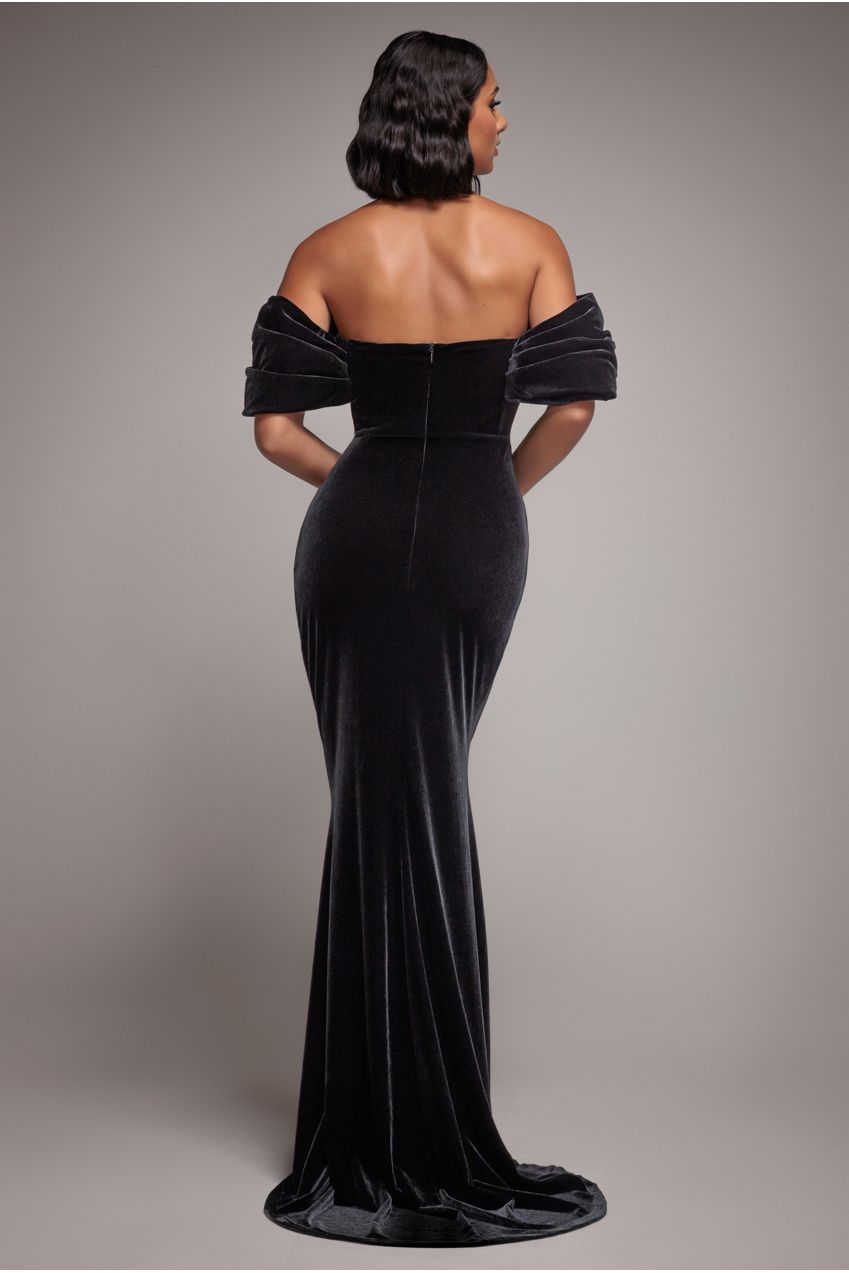 Off The Shoulder Deep Plunge Velvet Maxi Dress - Black DR4692