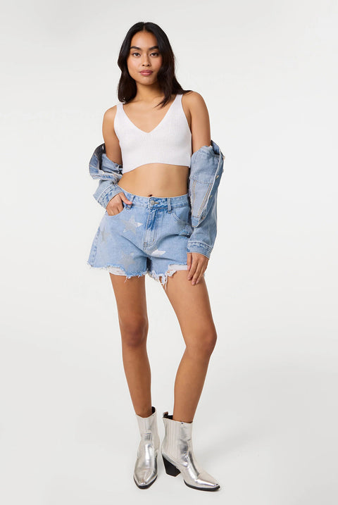 Star Embellished Denim Shorts by Pink Vanilla
