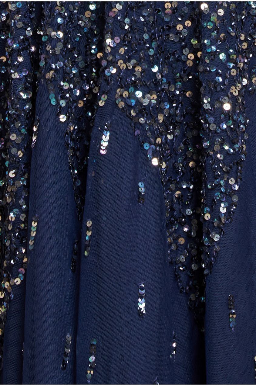 Sunray Hand Embellished Sequin A-Line Bell Sleeve Maxi Dress - Navy Blue DR4654