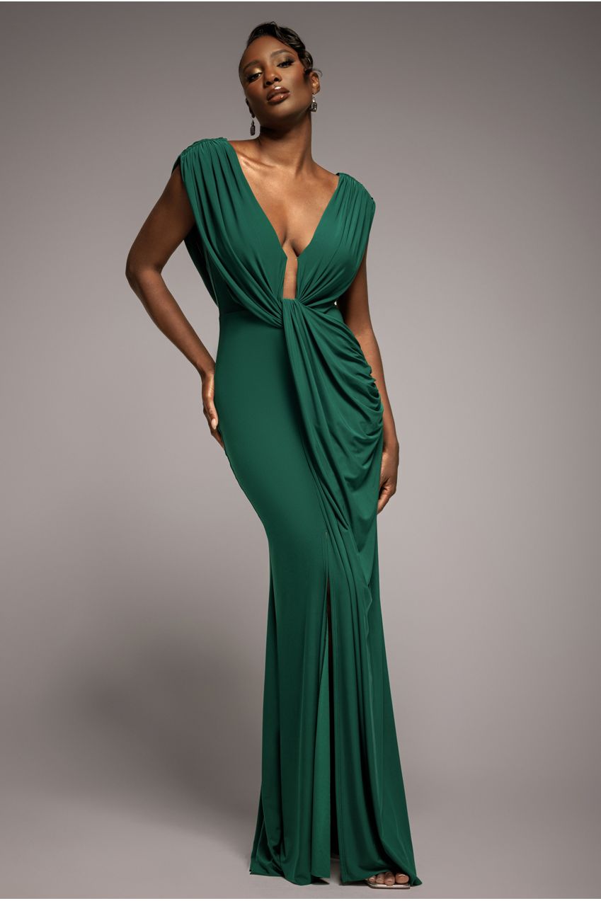 Cowl Plunge Draped Mermaid Maxi Dress - Emerald Green DR4879