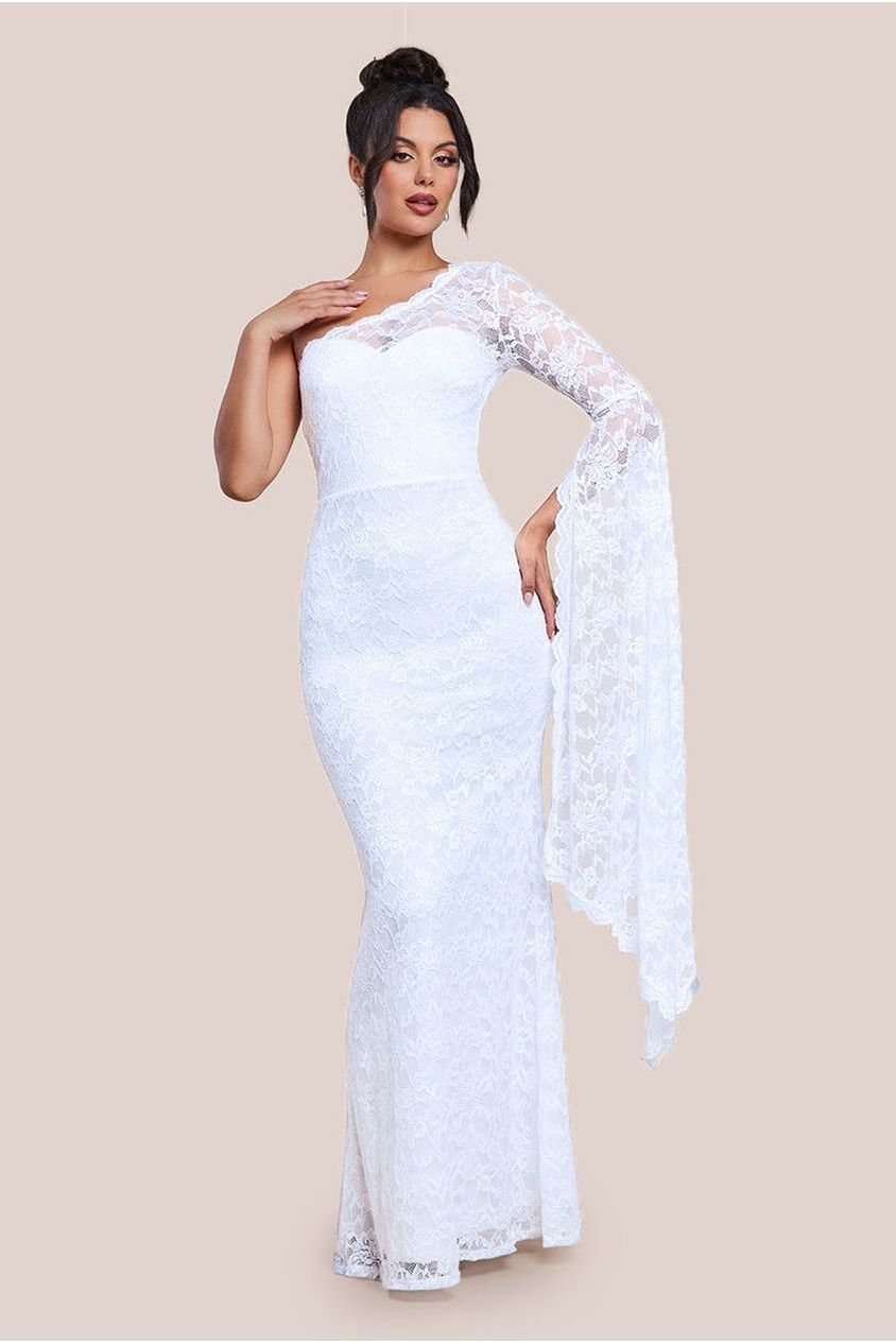 One Shoulder Scalloped Neck Maxi Dress - White DR4601