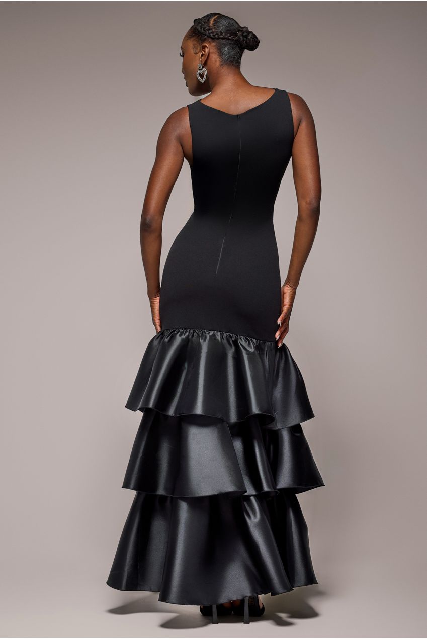 Boat Neck Satin & Scuba Crepe Tiered Maxi Dress - Black DR4682