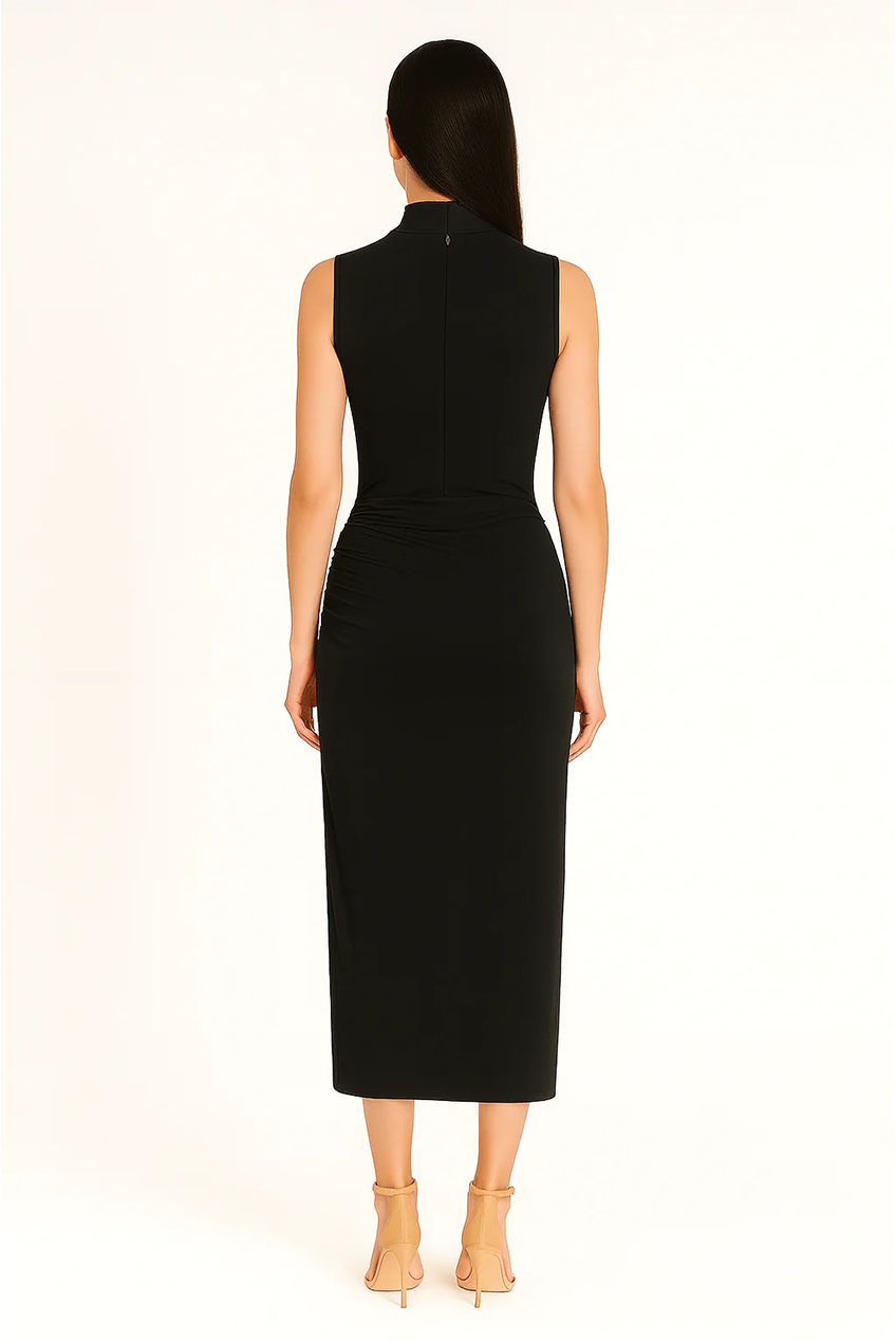 Black Ruched Slim Fit Jersey Sleeveless Midi Dress AV-IMD2458