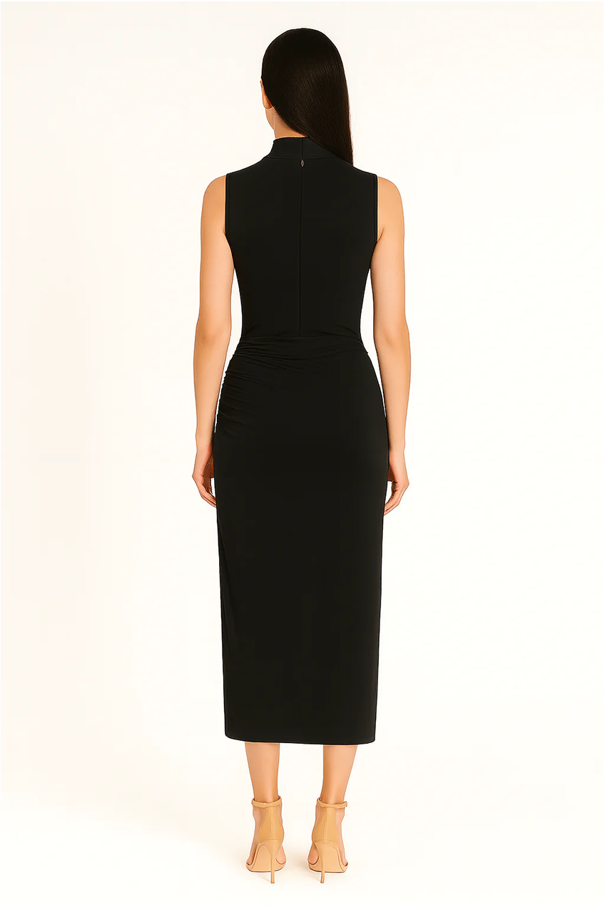 Black Ruched Slim Fit Jersey Sleeveless Midi Dress AV-IMD2458