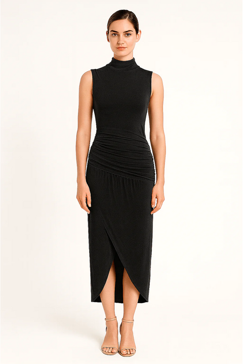 Black Ruched Slim Fit Jersey Sleeveless Midi Dress by Avinci