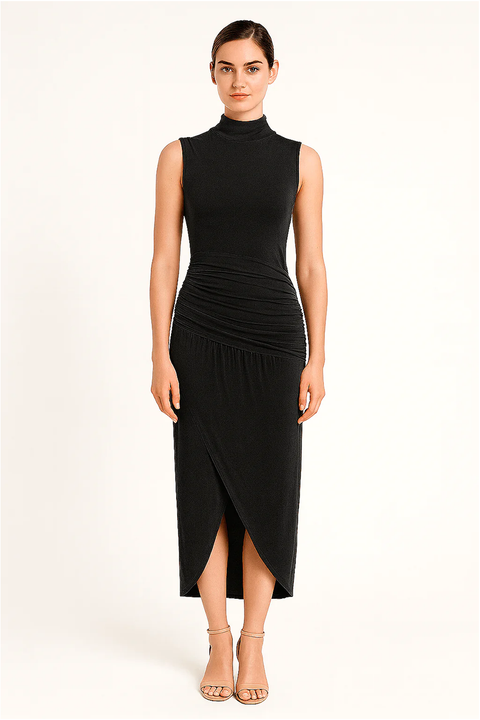 Black Ruched Slim Fit Jersey Sleeveless Midi Dress by Avinci