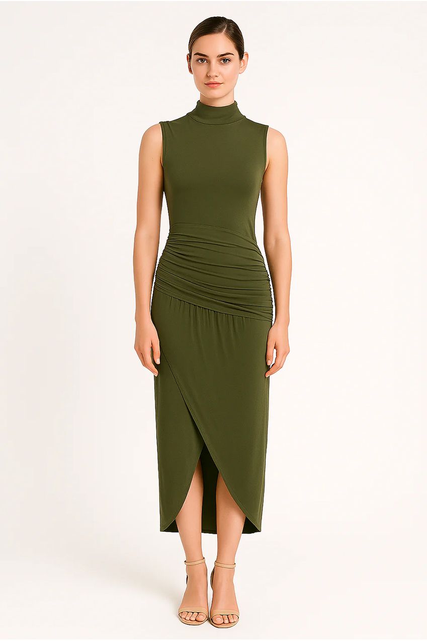Khaki Ruched Slim Fit Jersey Sleeveless Midi Dress AV-IMD2458