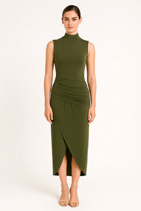 Khaki Ruched Slim Fit Jersey Sleeveless Midi Dress by Avinci